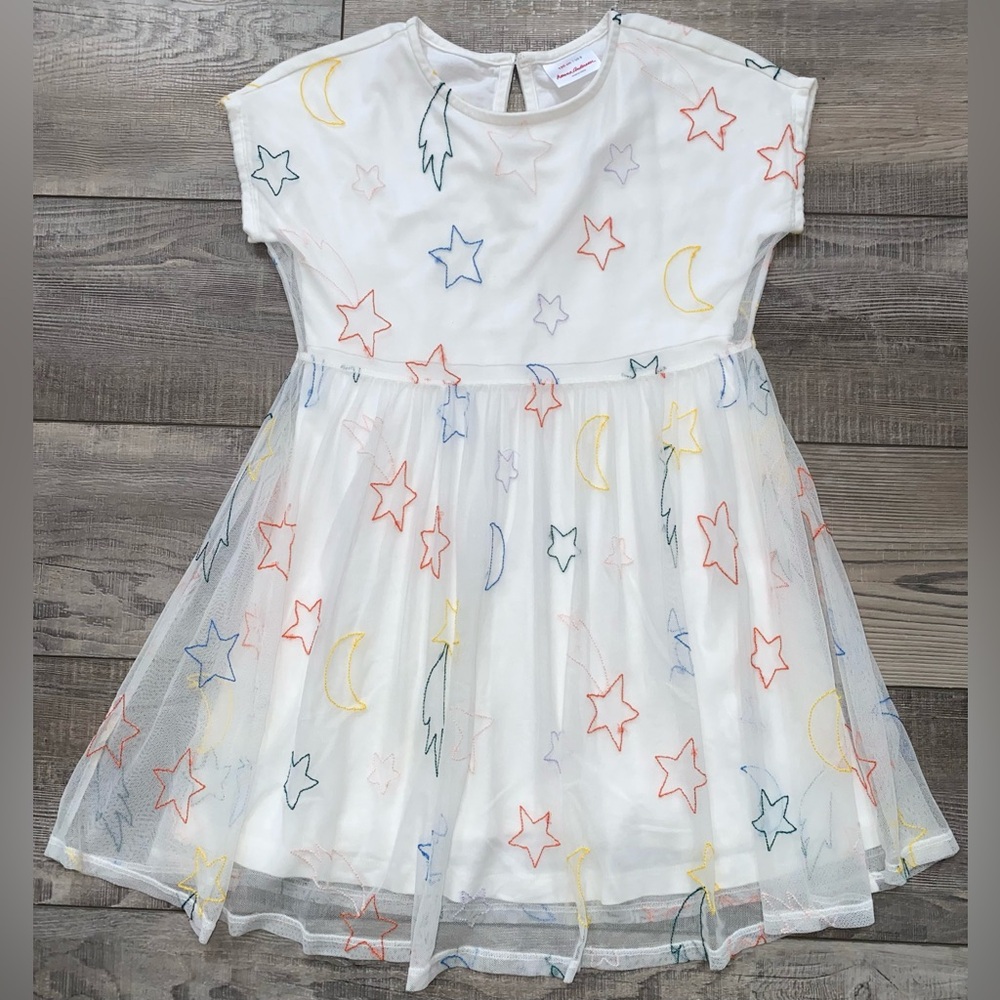 Hanna Andersson Embroidered Red Blue Stars Moon Sky Soft Tulle White Dress 8